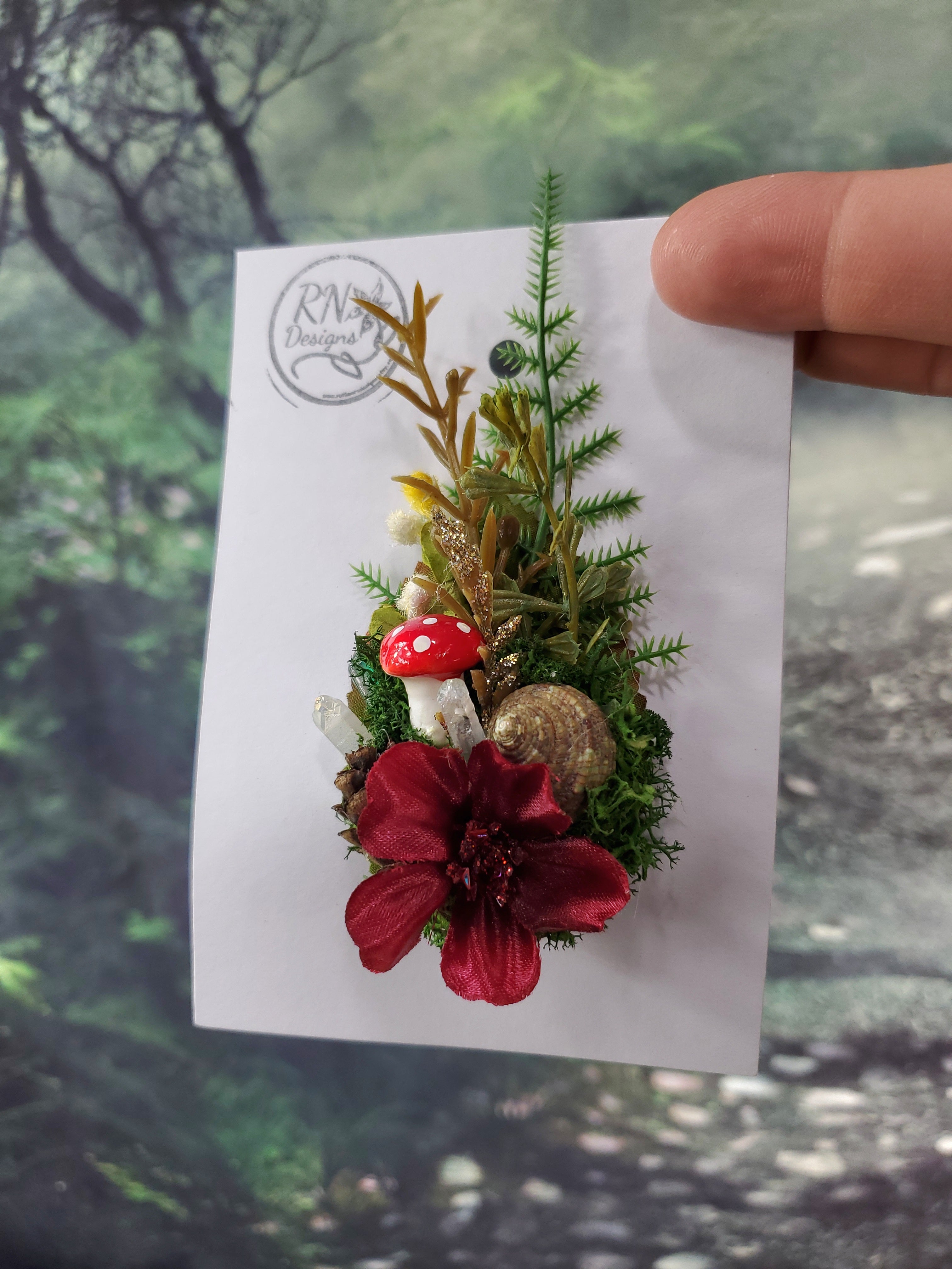 Burgundy and Green Woodland Mini Cottage Core Flower Hair Clip